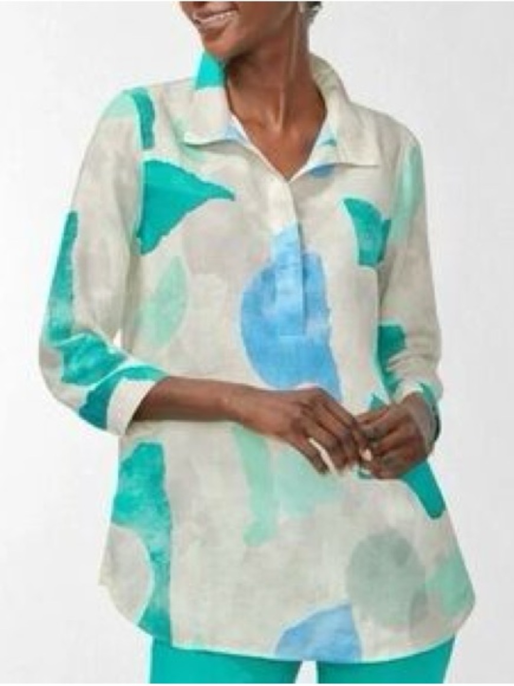 Chico’s Tan & Blue Linen Pullover Button Back Shirt Size 3 U.S 16.